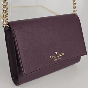 Kate Spade Morgan Saffiano Leather Flap Chain Wallet Deep Plum Crossbody Purse